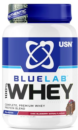 USN Blue Lab Whey Protein Powder, Chocolate Blueberry Gateau - 908g (26 Servings) 24g Premium Whey Isolate, Hydrolysate & Concentrate Shake - High Protein Muscle Building Powder with BCAA Amino Acids