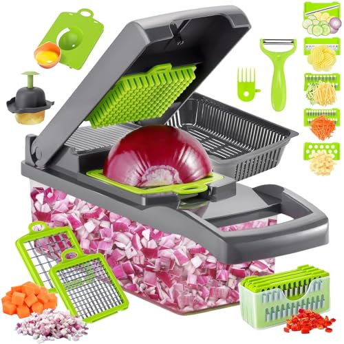 16 in 1 Vegetable Chopper, High-Performance Vegetable Food Cutter, Kitchen Mandoline Vegetable Veg Dicer with Stainless Steel Blades Peeler Hand Guard and Brushes, Salad Onion Chopper Box with Lid