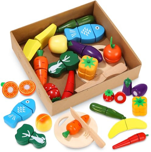 Cexovo Kinderküche Spielküche Zubehör aus Holz,Küchenspielzeug Küche Kinder Holzspielzeug Obst Gemüse Lebensmittel mit Klett-Verbindung Lernspielzeug Rollenspiele Pädagogisches Spielzeug Geschenk