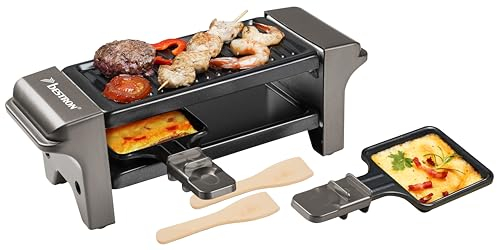 Bestron Mini Raclette, Raclette para 1-2 personas, mini mesa grill con 2 sartenes y 2 rascadores de madera, 350 vatios, Color: Gris
