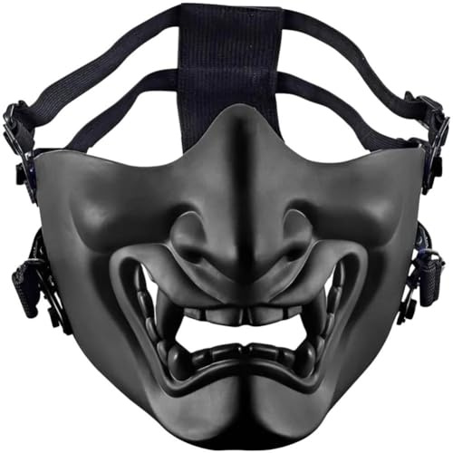 Tsffae Oni-Maske, Japanische Halloween-Maske, Hannya-Maske Aus Latex, Halbgesichtige Samurai-Maske Fangzähnen, Schwarze Kriegermaske Gummiband, Halloween-Requisiten, Anziehzubehör