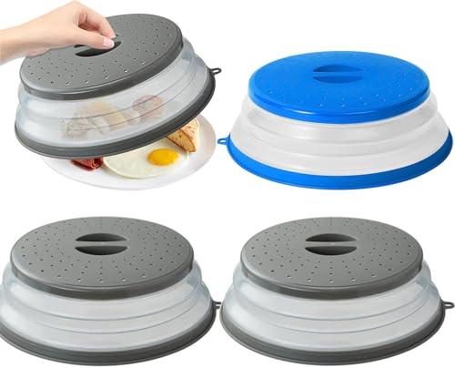Lostwry Tapa para Microondas Plegable, 3pcs Colador Plegable para Microondas Cubierta de Alimentos de Microondas Cubierta para Plato de Microondas Silicona para Colar Enjuague Frutas, Gris + Azul