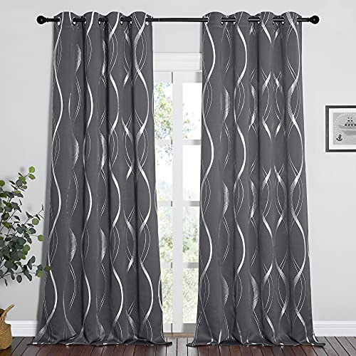 PONY DANCE Blackout Curtains, Grey, W46 x L90 Inch, Silver Wave Line Foil Printed, Thermal Insulated, Eyelet, for Baby Nursery, Bedroom, Living Room, 2 Panels