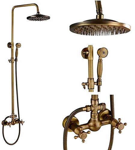 Shower System Brass Antique Shower Faucets Set Porcelain Ceramic Shower Column Swivel Rotate Bath Spout Dual Knobs Mixer Tap Bath Shower Kit Antique Brass A01