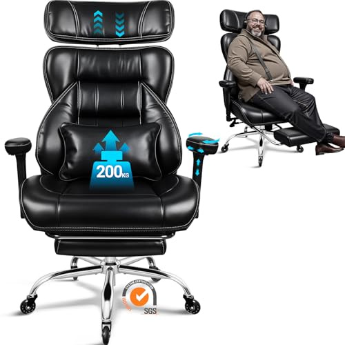 BASETBL Fauteuil de Bureau 200kg, Fauteuil de Direction Ergonomique, Vérin à Gaz 4 Niveaux, Accoudoirs 3D, Dossier et Tête Réglables, Roues Silencieuses, Assise XXL, Chaise Confortable, EN12520