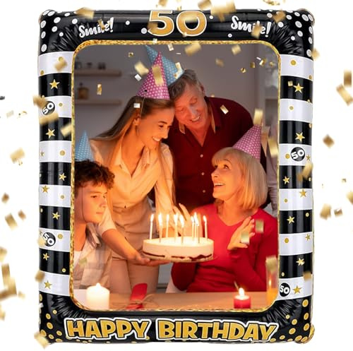 RCIDOS 50.Geburtstag Deko Fotorequisiten, Party Fotorequisiten Aufblasbarer Bilderrahmen, Schwarzgold Happy Birthday Photo Booth Requisiten für Frauen Männer 50 Geburtstag Party Deko