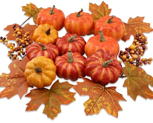 Realistic Mini Pumpkin Decor Indoor 16PCS Artificial Pumpkins for Fall Decorations for Home Fall Centerpieces for Tables Outdoor Thanksgiving Halloween Party/Berries Maple Leaf Autumn Fillers decor