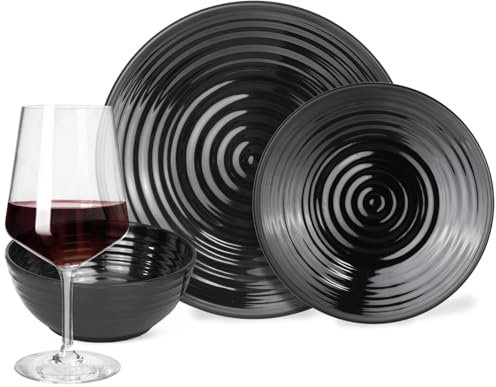 Set di stoviglie da campeggio in melamina, per 4 persone, colore nero scuro + 4 bicchieri da vino rosso Milano