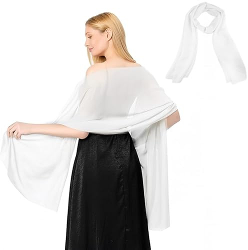 Maxmoc Stola - Sciarpa da donna in chiffon, elegante stola per abito da sera, leggero, multifunzione, per abiti da sera, abiti da sposa, estate, matrimonio (200 x 70 cm), bianco, Taglia unica