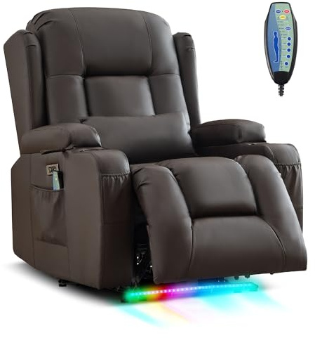 SITURAY Relaxsessel Fernsehsessel Elektrisch Verstellbar Massagesessel mit Liegefunktion Fußteil, Kunstleder TV Sessel mit Wärmefunktion, Kinosessel mit LED/USB für Wohnzimmer, bis 150 kg (1, Braun)