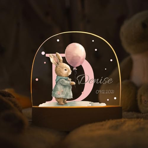 GRAVURZEILE Personalisiertes LED Nachtlicht für Kinder - Initial Tiere Hase - Personalisiert mit Namen & Datum - Tischlampe für Baby - Geschenk zur Geburt, Taufe & Geburtstag für Jungen & Mädchen