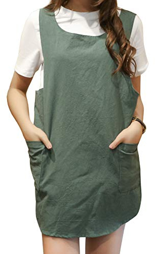 MeYuxg Kort design förkläde, japansk stil bomullslinne med två sidofickor och utbytbara väskor, X korsbälte, hemmaförkläde lämplig för kvinnor, hantverk, matlagning, bakning, kaffe, Grön, Stil-2