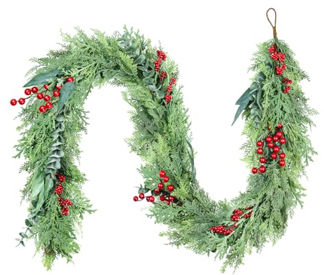 GOVIRAYE Weihnachtsgirlande 180cm mit Eukalyptus & roten Beeren – Outdoor Girlande für Treppengeländer, Hochzeit, Farmhaus (UV-beständig)