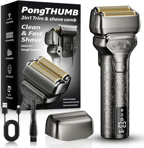 PongTHUMB Electric Razor for Men with Pop-Up Trimmer: Rechargeable Cordless Foil Shaver for Face - Wet/Dry/Anti-Slip Waterproof Shavers with LED Display - Metal Handheld Design Light Gray