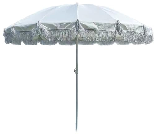 Parasol de Plage à Pompons de 2,4 m, Parasol d'extérieur, Parasol de Jardin Portable à 12 Baleines, Parasol de terrasse avec Sac de Transport, Beige