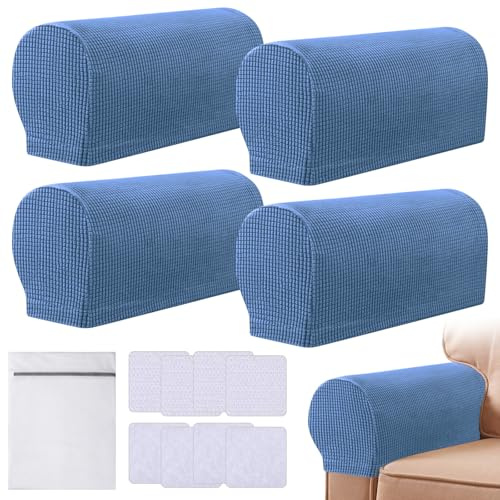 Armrest Chair Covers, Set of 4 Stretch Armchair Covers for Arms Anti-Slip Furniture Protector with Laundry Bag, Machine Washable Arm Chair Sleeves, Armrest Cover for Sofa Couch Recliner (Haze Blue)