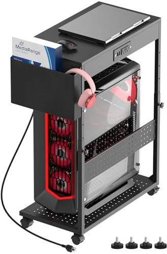 Adjustable Computer Tower Stand with Charge Station,Heavy-Duty Rolling PC Stand, CPU Tower Cart with Wheels for ATX Gaming Computer,Under Desk Holder,Black