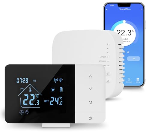 Termostato wifi, Intelligente Cronotermostato Wireless con Ricevitore per Caldaia 3A, Programmabile Settimanale, termostato da parete compatibile con Alexa e Google Assistant, a Batteria
