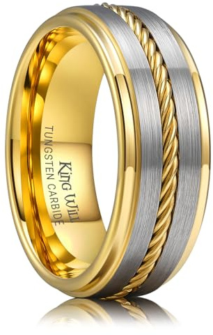 King Will Bague en tungstène doré 8 mm, Alliance pour homme avec bord à gradins laser, Alliance pour hommes et femmes, Coupe confort et durable, Taille 64.7 (20.6)