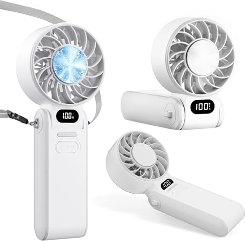 duludulu Hand Held Fan, Handheld Portable Fan USB Rechargeable Mini Electric Fan 5 Speeds Foldable Battery Desk Fans with Led Display for Home Office Bedroom Indoor Outdoor Travel Holiday (White)