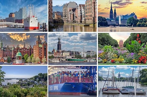 Postkarten Set Hamburg - 9 einzelne Karten / Grußkarten / Ansichtskarten | Bilder Fotos vom Hamburger Hafen der Elbphilharmonie Alster Speicherstadt Blankenese Stadtpark und den Landungsbrücken