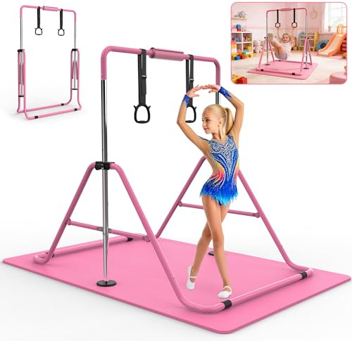 KINMAC Gymnastics Bar for Kids, Gymnastics Horizontal Bar with Adjustable Height Foldable Training Bar with Mat for Home Practice