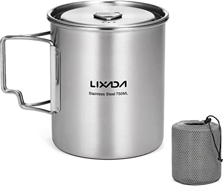 Lixada Camping Topf Edelstahl Titan Tasse Becher 750ml mit Faltbaren Griffe und Deckel Outdoor Kochtopf für Camping Wandern Kochen Picknick