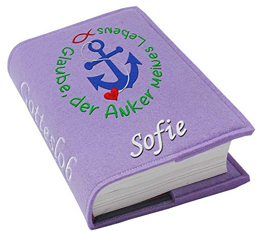 Gotteslob Gotteslobhülle Großdruck Glaube der Anker meines Lebens Filz mit Namen Bestickt hellgrau weiß dunkelgrau lila blaugrau dunkelblau türkis maigrün Flieder, Farbe:Flieder