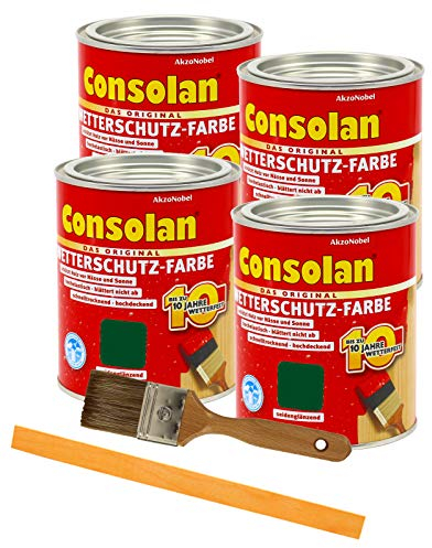 Consolan Wetterschutzfarbe deckend Holzschutzfarbe Holzfarbe bis zu 10 Jahre wetterbeständig für Holz und Zink Außen inkl. Pinsel (4 x 0,75L, moosgrün)