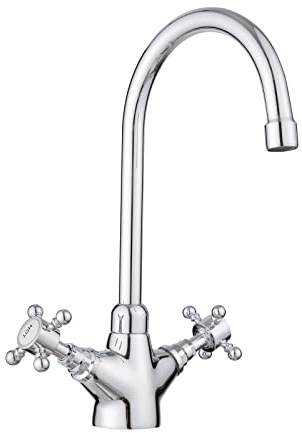 JASSFERRY Swan Neck Kitchen Mixer Tap Monobloc Two Crosshead Handles Sink Basin Faucet with Swivel Spout Chrome