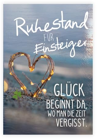 KE - Glückwunsch-Karte zum Ruhestand mit Innendruck, mit Umschlag, DIN B6, Karte zur Rente für Männer und Frauen, Motiv: Herz, Strand, Lichter