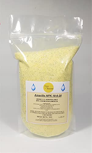 Abono riego y foliar TodoCultivo Amarillo NPK 18-6-20 1kg. Fertilizante hidrosoluble equilibrio 2-1-2
