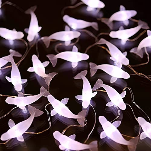 Ocean Theme White Beluga Whale Fairy String Lights, Nautical Décor Cute Dolphin Decorative Lights Sea Canaries Battery Operated or USB Plug in 30 LEDs 10ft