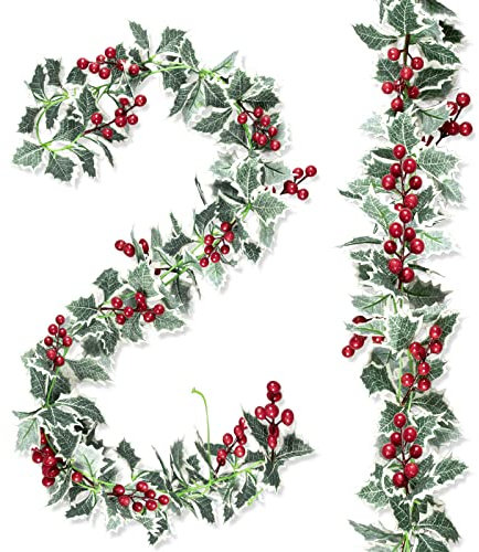 Whaline 15.7Ft Christmas Garland Artificial Holly Leaves and Red Berries Hanging Vine Faux Xmas Berry Greenery Garland for Indoor Outdoor Home Wedding Winter Party Door Frame Backdrop Decor, 2Pcs