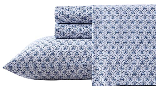 Laura Ashley Home Queen Sheet Set, Soft Sateen Cotton Bedding Set - Sleek, Smooth, & Breathable, Rosemarie Blue