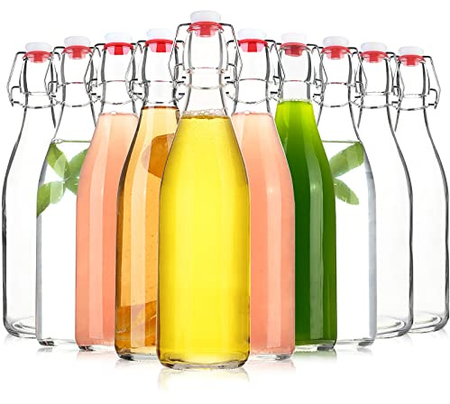 KITGLASCUP Clear Glass Bottle with Swinging Top for Airtight Lids, 16oz 10 Pack Beer Bottles with Flip Caps, Home Brewing and Fermentation Kombucha, Vanilla Extract, Beverage, Water, Kefir