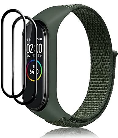 GMUJIAO Correa para Xiaomi Mi Band 7,Nylon Loop Pulseras de Repuesto + 2 Pack Protectores de Pantalla,Trenzado Suave Correa de Nylon Compatible con Xiaomi Mi Band 7[Antiarañazos]-Verde Oscuro