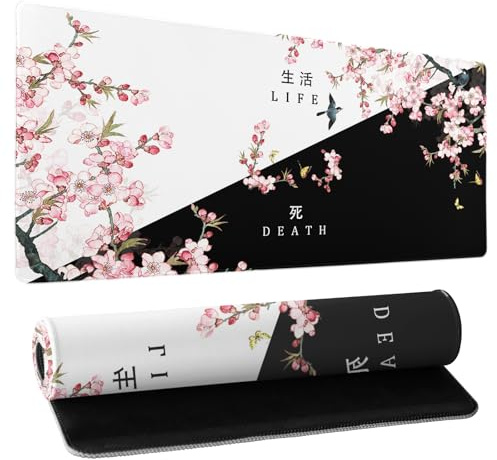 Tapis de souris de jeu Kawaii XL en noir et blanc, grand tapis de souris avec motif japonais de cerisiers en fleurs, base en caoutchouc antidérapant longue et rose sakura, 80 x 30 cm