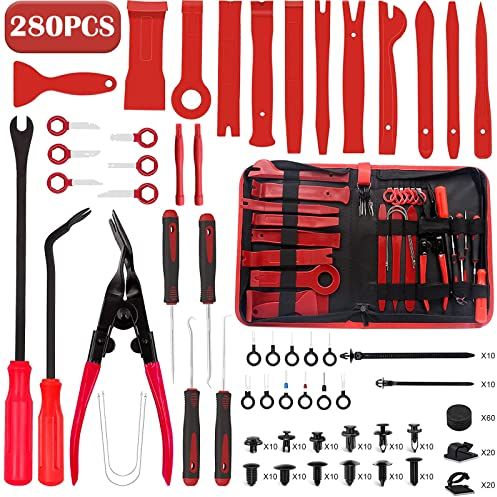 Aohoo Kit Leve Dmontaggio Interni Auto, 280Pcs Attrezzi per Smontare Plastiche Auto con 120 Clips,Leve Plastica Smontaggio per Smontare Pannello,Interno,Radio(Alta Durezza, Ma Non Danneggia l'Veicolo)