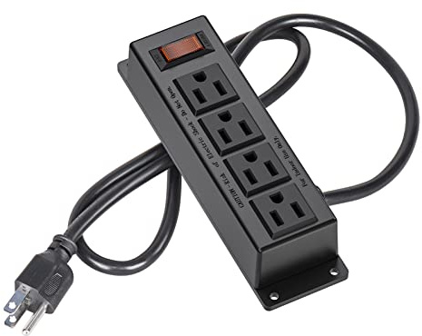 Wall Mount Power Outlet Strip, 4 Outlet Mountable Power Strip with Switch, 3ft Cord Under Desk Power Strip for Office/Industrial/Home, Flat Plug, Black