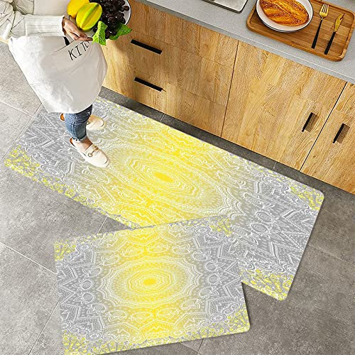 Küchenteppich Teppich Läufer Küchenläufer 2 Stück rutschfest,Grau und Gelb, Mandala Old Boho Muster mit gewundenem rundem Blumendruck, Mehrfarbig,, Waschbar für Flur Küche 40 x 100 cm+40 x 60 cm