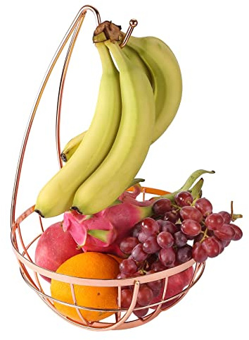 Royal Cuisine Fruit Basket with Banana Hanger/Hook Chrome Wire Modern/Elegant Vegetable Storage Bowl Fixed Holder Stand Home furnishings (Gold)