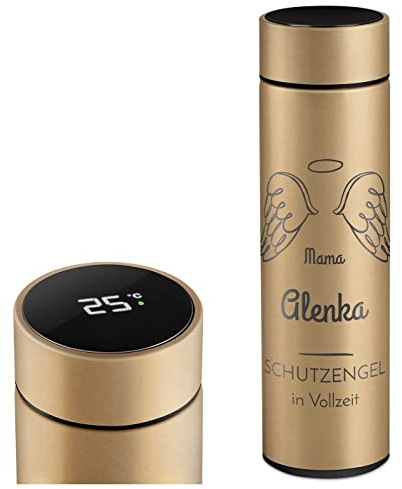 Maverton Thermosflasche mit Gravur 450 ml - Kaffeebecher mit LED-Touch-Anzeige - Thermobecher auslaufsicher 100% dicht - Travel Mug aus Edelstahl für Frauen - Farbe: gold - Schutzengel