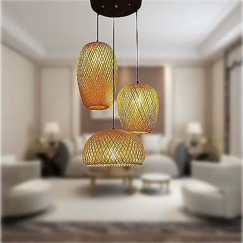 AIAO Pendelleuchte Retro Bambus Gewebte hängelampe E27 Industrial Stil pendelleuchte 3-flammig Vintage Sphärisch Esstisch lampen Für Wohnzimmer Schlafzimmer Esszimmer Cafe Bar lampenschirm hängelampe