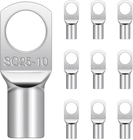 Hanibos - Terminales de cable tubular M10, 10 unidades, 25 mm², sin aislamiento, terminales de cable de cobre para cables de batería, cajas de distribución de automóviles