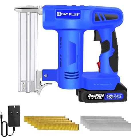 Nail Gun Battery Powered 21V, 2-in-1 Cordless Staple Gun for DIY, Wood Work, Underlay, Carpenting, 1.5Ah Battery and Charger, 500 Nails and 500 Staples, Carry Case
