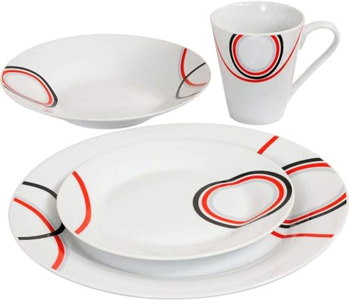 16pc Dinnerware Set - 4 Porcelain with 4 Bowls, 4 Mugs, 4 Side Plates and 4 Dinner Plates - Microwave and Dishwasher Safe - Cereal Bowls, Desserts, Lunch (Red and Black)