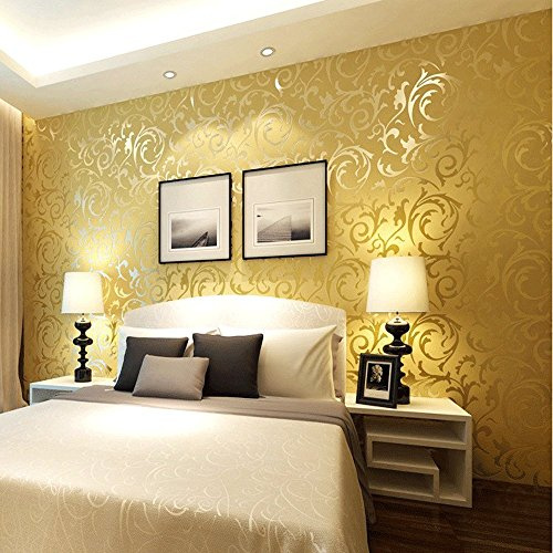 HimYKEA Modern Victorian Damask 3D Embossed Textured Non-Woven Living Room/Bedroom/TV Background Non-Pasted Wallpaper Roll Gold Yellow 1.73'W x 31.2'L