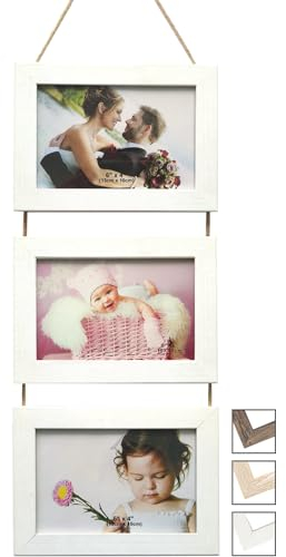 NEOWS Set Cornici Foto Multiple da Parete con Corda - Portafoto Multiplo Decorativo con Cornici in Legno - Collage Foto da Appendere al Muro- Cornici 10x15 cm (Bianco Strappato, 3 Foto Orizzontale)