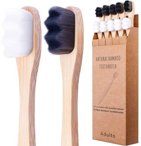 Bamboo Micro-Nano Toothbrushes, Extra Soft Toothbrush with 20000 Bristles Designed for ​Sensitive Gums Kids Adults (Black White 10P)